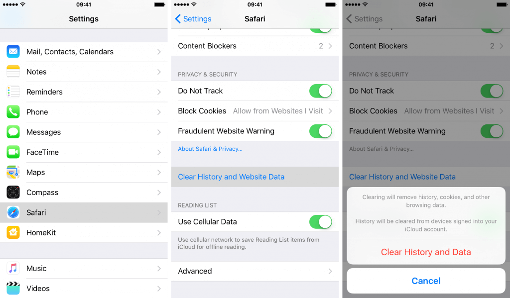 iOS9 Safari clear history and browsing data iPhone