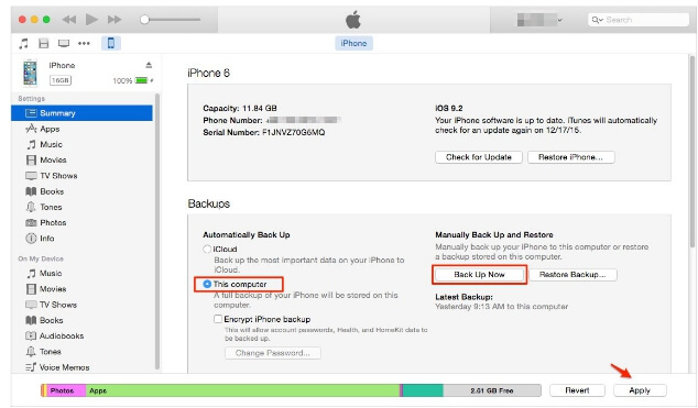 Backup iMessages on iPhone with iTunes