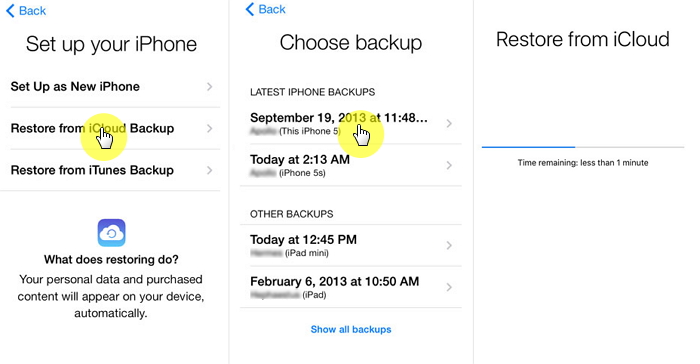 Recover text messages by restoring iCloud backup