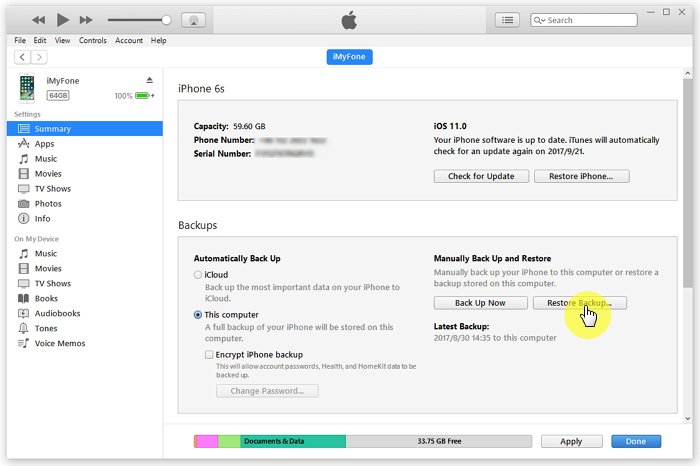 restore iPhone from iTunes backup to recover photos