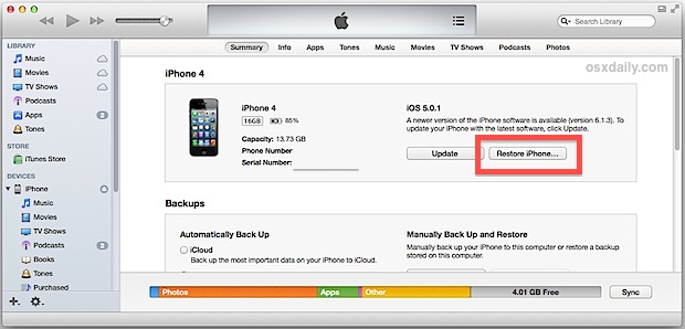 restore iphone 4/4s with itunes