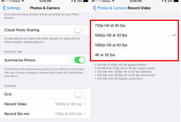 Verringern der iPhone Kameraauflösung