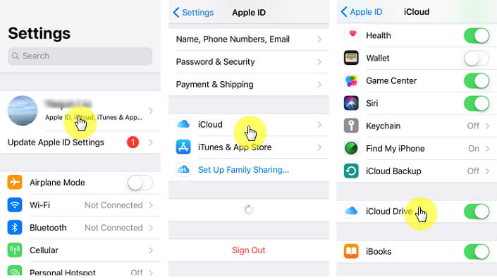 On your iPhone, go to Settings > [your name] > iCloud > iCloud Drive